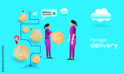 Delivery package on smartphone. Delivery women ready to send a delivery box. Lighting of E-commerce success
