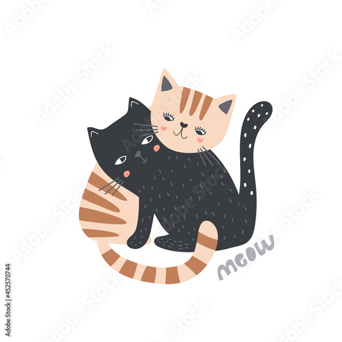 Cute couple of cats hugging. Love concept. Kitten characters isolated. Vector illustration.