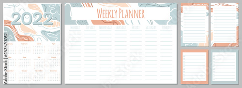 Calendar 2022, week planner and notes pages collection set with floral motif in pastel colors in hand drawn vector style. Drawing page for notes, notebooks, diary, organizer and schedule