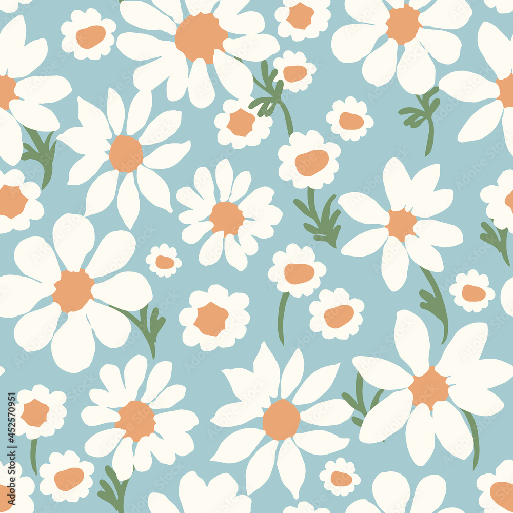 All-over vector seamless repeat pattern with white daisies of different shapes tossed on a modern dusty blue background