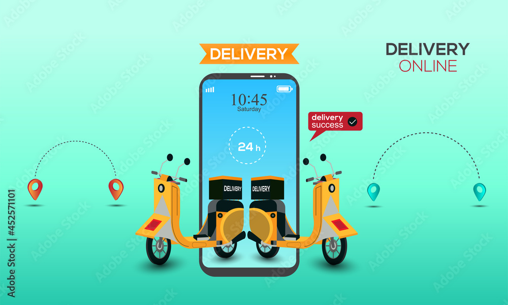 Online delivery service by scooter on mobile phone. E-commerce success ...