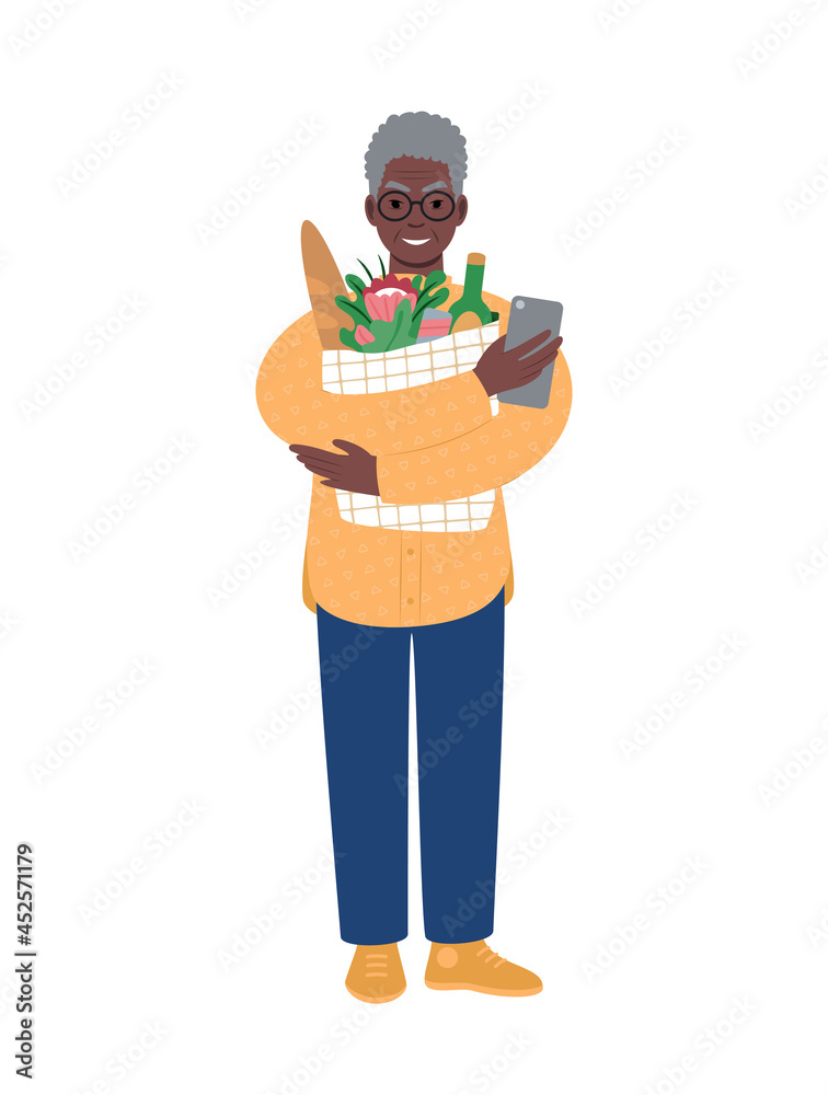 Senior modern african man with shopping bag and mobile phone.