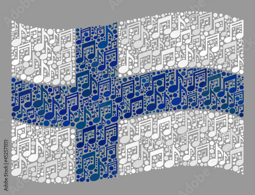 Mosaic waving Finland flag designed of music symbols. Vector music mosaic waving Finland flag constructed for party illustrations. Finland flag collage is shaped of random music items.