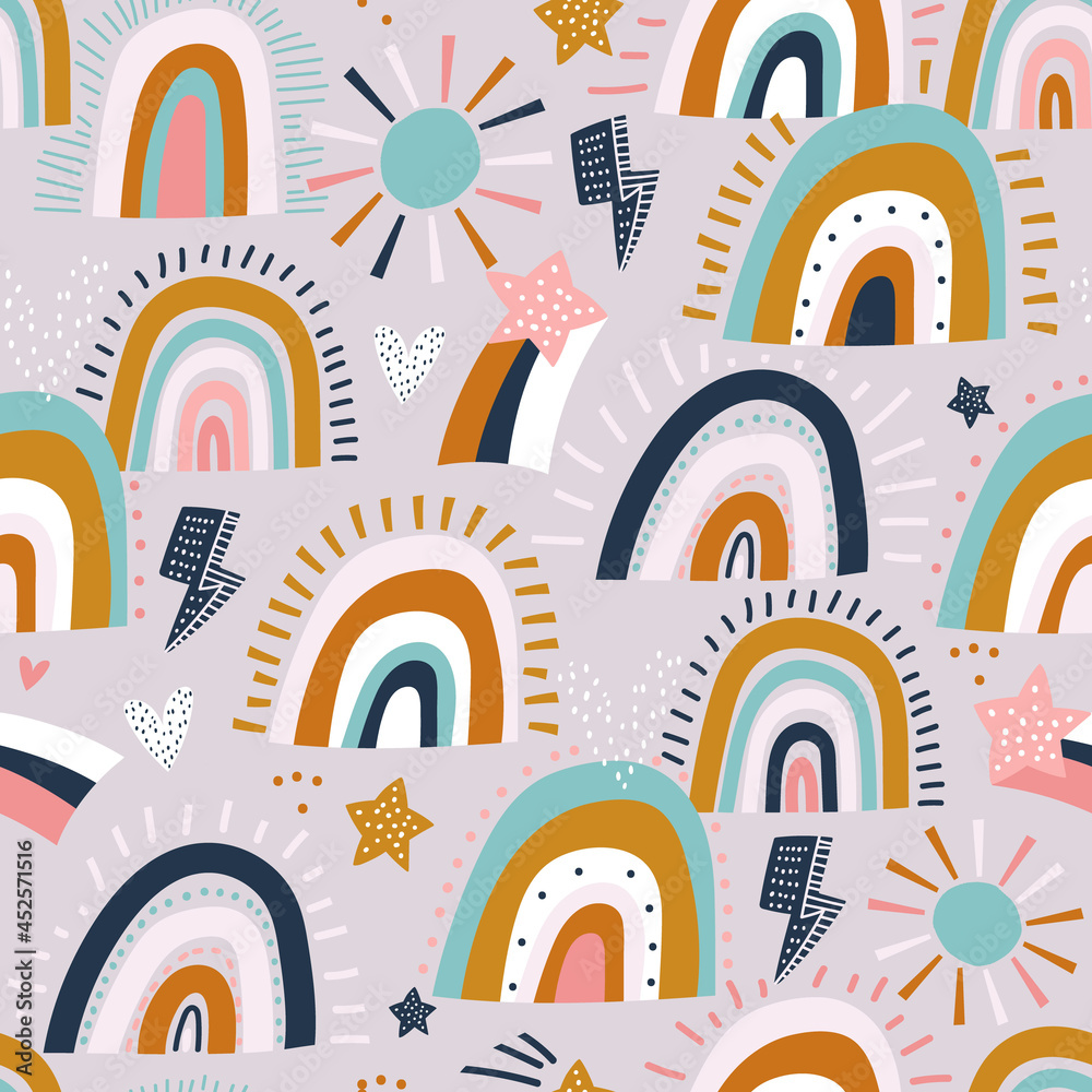 Seamless childish pattern with hand drawn shining rainbows, hearts, flashes,sun. Trendy creative kids vector background. Seamless childish pattern with hand drawn shining rainbows, hearts, flashes,sun. Trendy creative kids vector background.