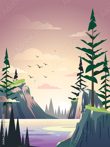 vector sunset forest with mountains and river scenery illustration digital pine trees seashore ocean sun dusk pink hills vegetation biodiversity environment landscape cloudy sky birds coniferous