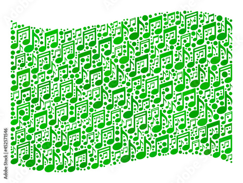 Mosaic waving green flag constructed with musical icons. Vector musical mosaic waving green flag organized for club applications. Green flag collage is made with scattered musical items.