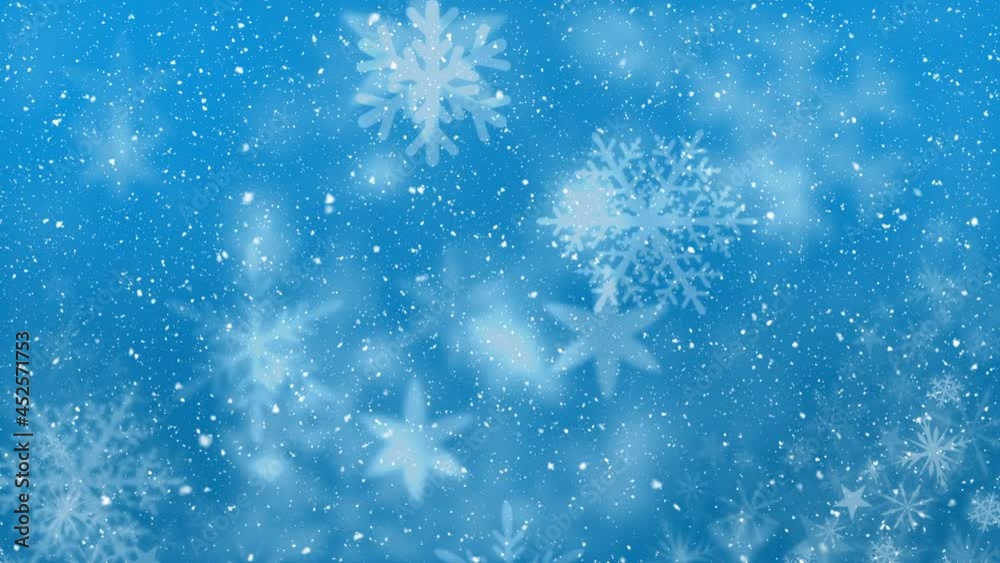Animation of snow falling over snowflakes and stars on blue background Animation of snow falling over snowflakes and stars on blue background