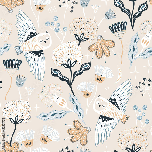 Seamless hight detailed floral texture with hand drawn owl. Bohemian floristic texture. Vector illustration