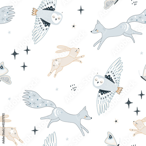 Seamless delicate hand drawn pattern with owl, bunny, fox, butterfly. Pastel vector texture. Great for fabric, textile, apparel