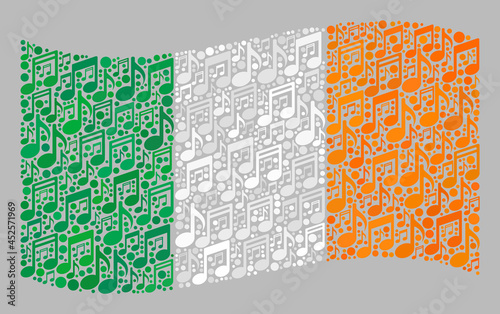 Mosaic waving Ireland flag constructed with musical notes. Vector melody mosaic waving Ireland flag combined for party purposes. Ireland flag collage is made with random melody icons.