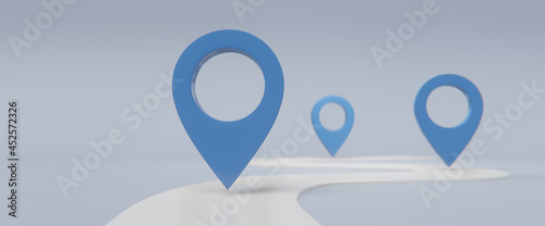 Search concept with simple locator mark of map and location pin or navigation map pointer symbol on blue background. Route planner, milestone path concept. 3D render photo