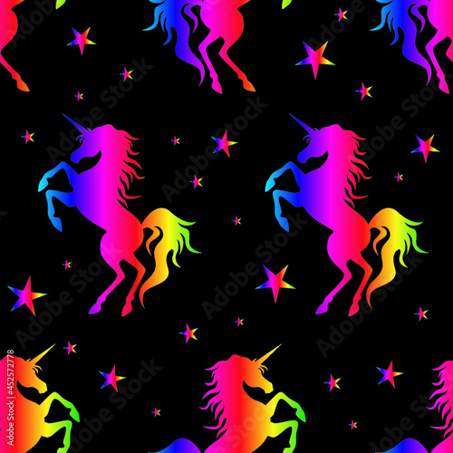 Rainbow unicorns and stars on black background. Seamless pattern. Vector illustration.