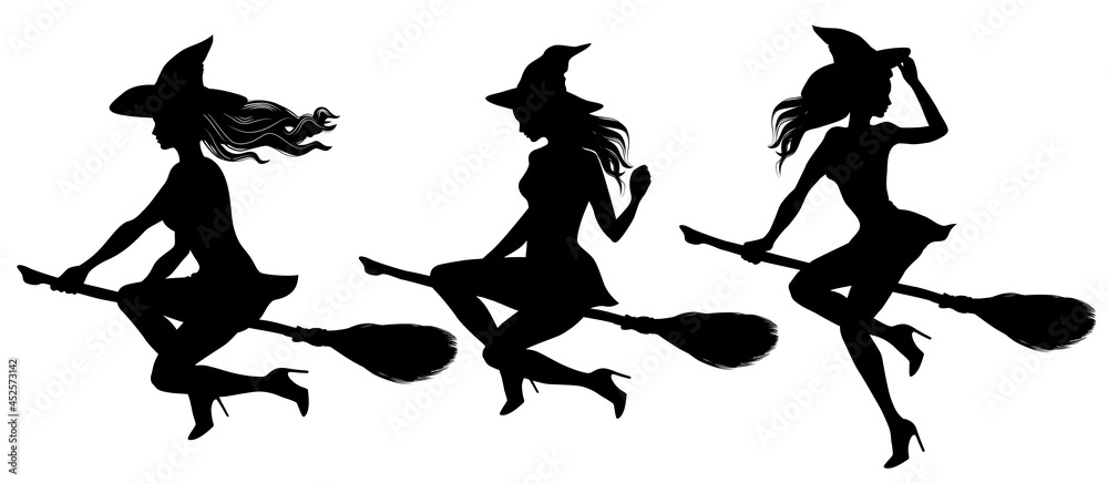 Tree silhouettes of young beautiful sexy witch flying on a broomstick. Pretty woman with fluttering hair wearing witches hat sitting on a besom. Vector illustration for Halloween design. Tree silhouettes of young beautiful sexy witch flying on a broomstick. Pretty woman with fluttering hair wearing witches hat sitting on a besom. Vector illustration for Halloween design.