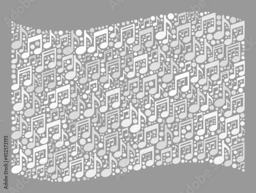 Mosaic waving white flag designed with melody symbols. Vector melody mosaic waving white flag designed for fun wallpapers. White flag collage is designed from scattered song icons. photo