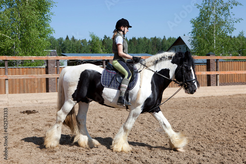 Young woman in horse riding suit and her beautiful pet outdoors on sunny day.
