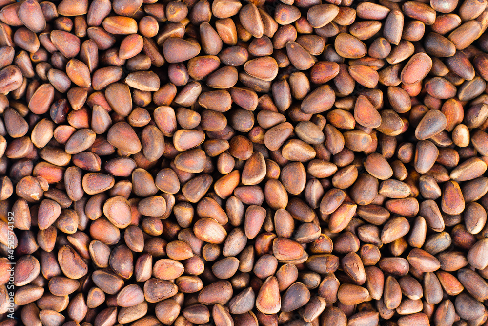 Abstract textured background from unpeeled pine nuts. Gifts of Siberia. Detox and cure for insomnia Abstract textured background from unpeeled pine nuts. Gifts of Siberia. Detox and cure for insomnia