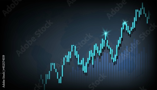 Blue neon candlestick and chart world stock market investment chart stock trading bullish point bear market trend trend graph vector with world map black background