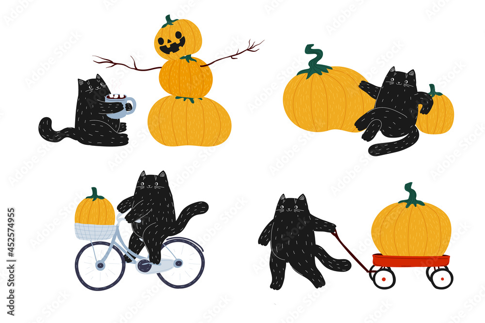 Obraz premium Autumn Halloween set of black cat on bicycle, pumpkin, red wagon. Cute kawaii animal. Harvest festival. Vegetables and fruits. A kitten on a bike. Stock vector flat cartoon illustration.
