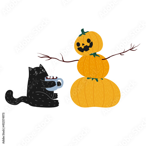 Cute black coffee halloween cat with pumpkin. Autumn snowman made of pumpkins. A kawaii animal. A kitten with a cup of hot coffee or cocoa. Stock vector doodle cartoon flat illustration on white.