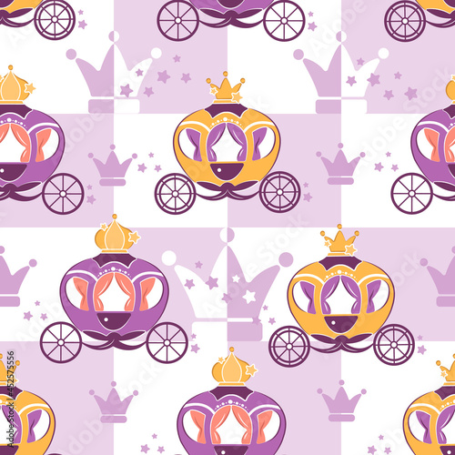 Children's seamless pattern with a vector illustration of a fabulous carriage. Cinderella pattern, children's textiles, notepad, gift wrapping paper, fabric.