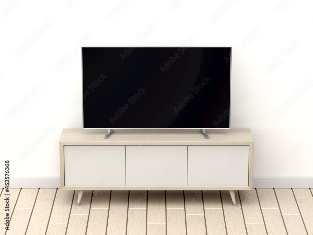 Front view of wood tv cabinet and big tv with blank screen