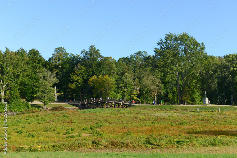 Battlefield and Old North Bridge in Minute Man National Historical Park, Concord, Massachusetts MA, USA.