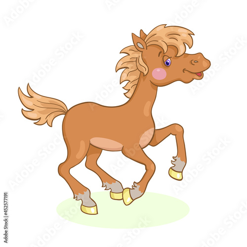 Little funny brown horse is galloping. In cartoon style. Isolated on white background. Vector illustration.