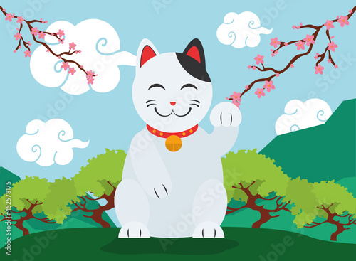 japanese lucky cat in landscape