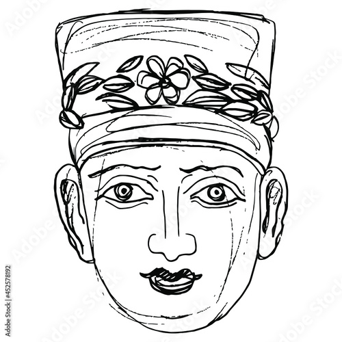 Female portrait from ancient Palmyra. Head of a goddess or woman wearing tiara and floral wreath. Hand drawn linear doodle rough sketch. Black silhouette on white background. photo