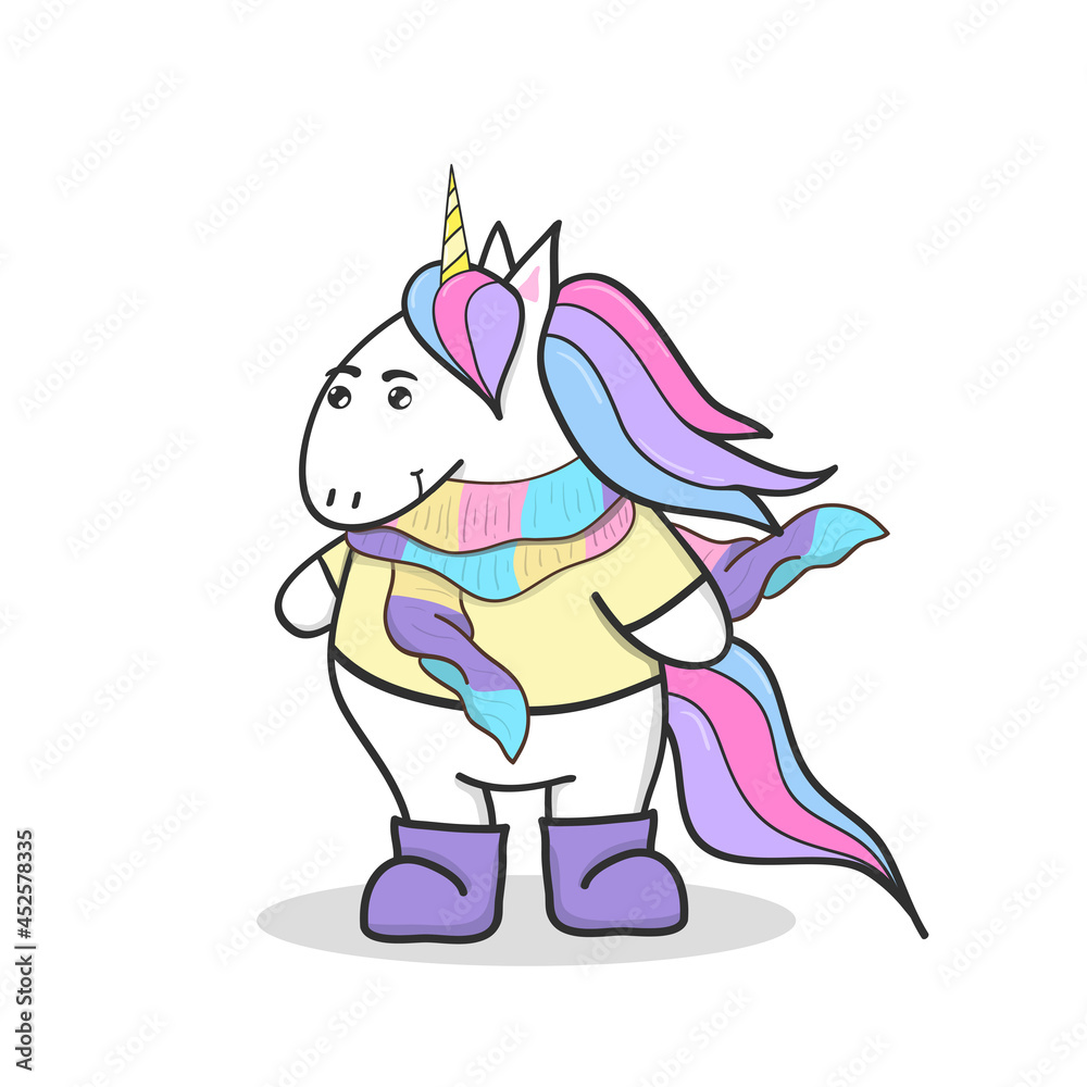 Cute unicorn in scarf and boots. For print, t-shits, greeting cards, poster.