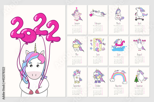 Childish calendar 2022 with unicorns. Monthly templates with creative hand drawn pictures.