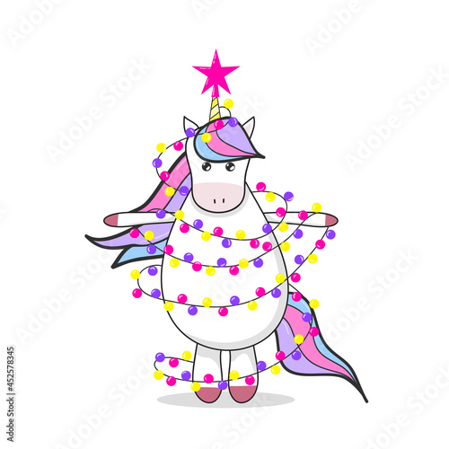 Cute cartoon unicorn  is wrapped in a garland. Christmas greeting card.