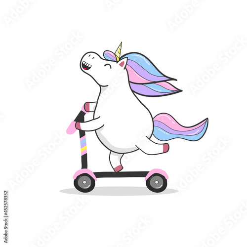 Cute unicorn riding kick scooter. For print, t-shits, greeting cards, poster.