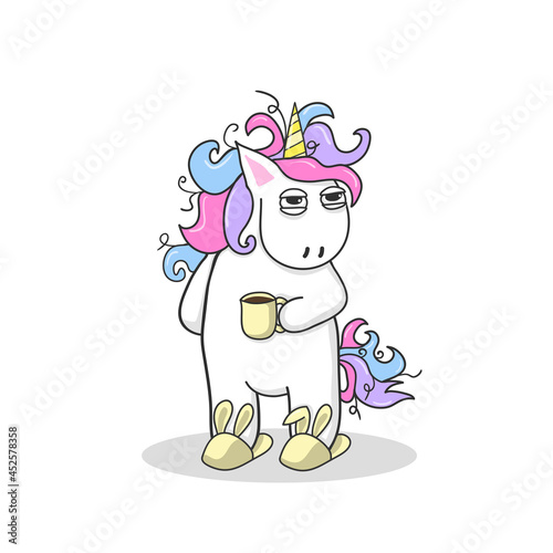 Cute unicorn with a cup of coffee. For print, t-shits, greeting cards, poster.