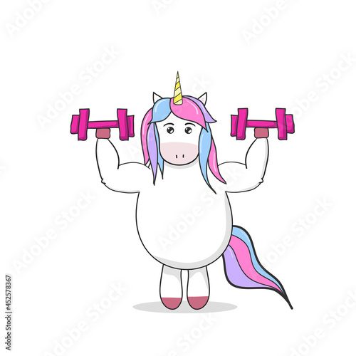 Cute unicorn does exercises with dumbbells.