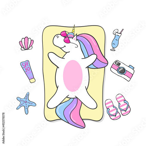 Cute unicorn with sunglasses sunbathing on a beach.