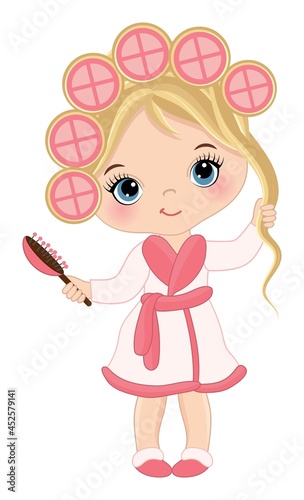 Vector Cute Little Spa Girl with Rollers and Hair Brush. Vector Little Spa Girl