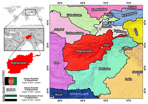 Afghanistan location map  flags  countries sharing borders and  capitals.