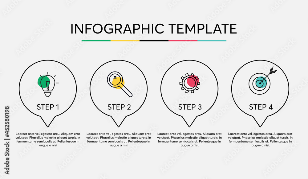 Vector infographic from 4 rounded shapes with icons and text. Simple ...