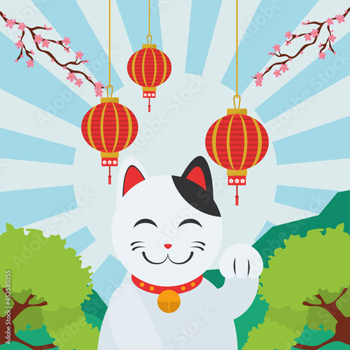 japanese lucky cat with lanterns