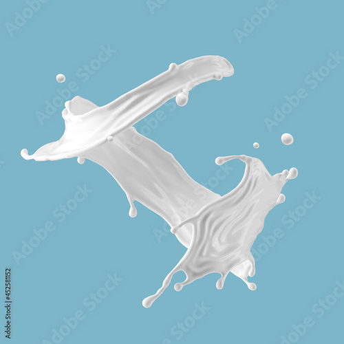 3d render, milk splash isolated on blue background. White paint splashing. Liquid wave clip art.