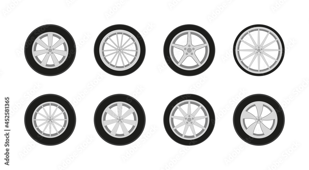 Car wheel. Car tire with rim. Icon of sport auto tyre. Set of rim from alloy for truck and race automobile. Design of wheel with steel and rubber. Pictogram for logo. Different vehicle tires. Vector Car wheel. Car tire with rim. Icon of sport auto tyre. Set of rim from alloy for truck and race automobile. Design of wheel with steel and rubber. Pictogram for logo. Different vehicle tires. Vector