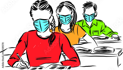 back to school concept students in class with masks pandemic vector illustration