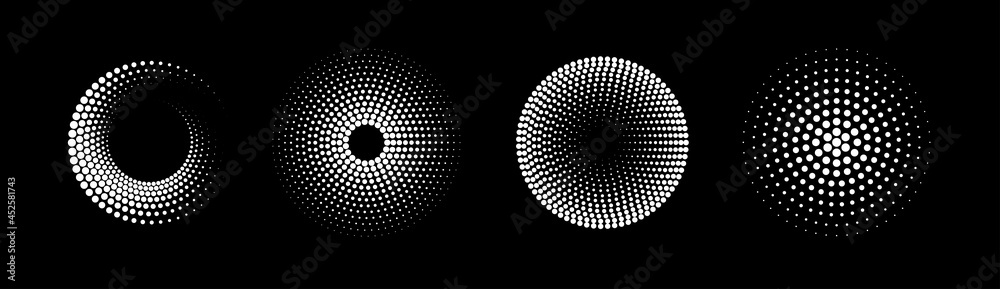 Set of black and white halftone radial patterns. Dotty vector circles ...