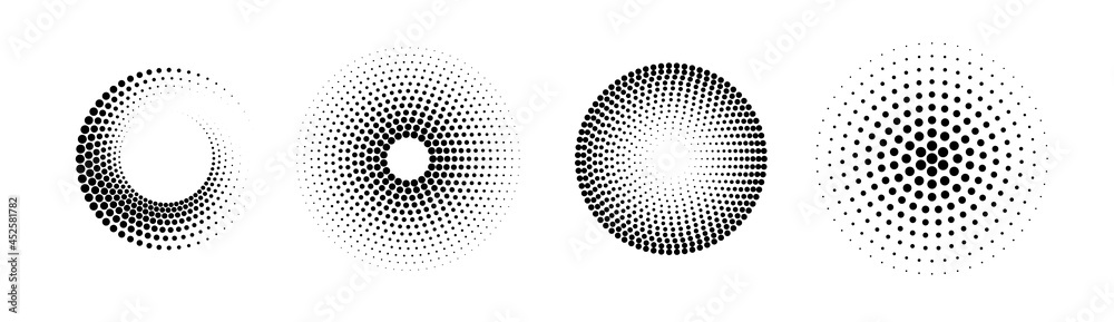 Set of black and white halftone radial patterns. Dotty vector circles.