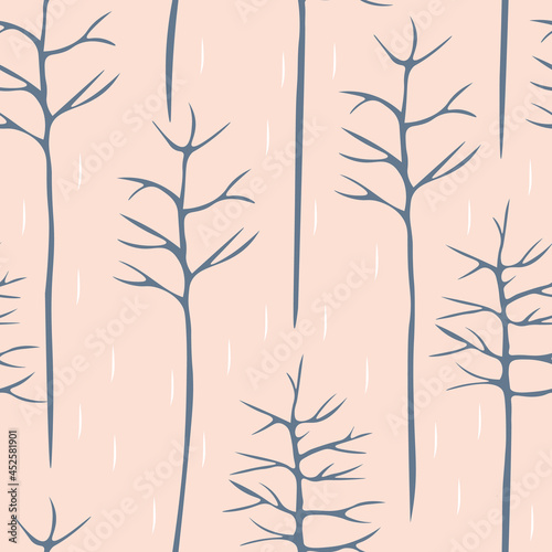 Stylish seamless winter pattern with creative blue trees on a pink background. Landscape texture for wallpapers, covers, patterns, fabric printing, digital paper, postcards, banners © Bereletik Art
