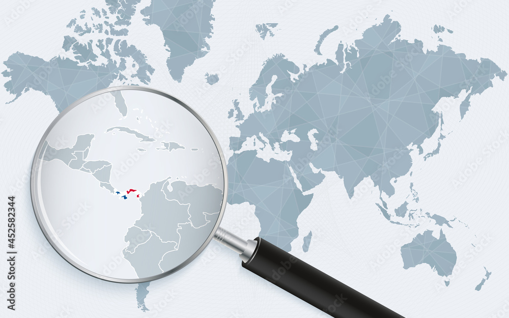 World map with a magnifying glass pointing at Panama. Map of Panama with the flag in the loop. World map with a magnifying glass pointing at Panama. Map of Panama with the flag in the loop.
