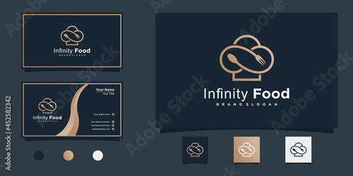 Infinity food logo design inspiration with modern food symbol line art style and business card design Premium Vector
