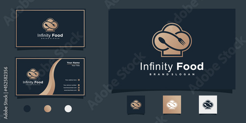 Minimalist infinity logo design and food symbol for restaurant, bar, cafe, and business card Premium Vector