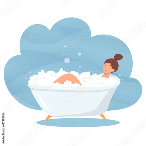 Girl is taking bath  and relaxing in white bathtub with foam and bubbled. Cartoon illustration of daily hygiene in bathroom.  